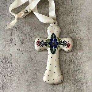 Ceramika Artystyczna Polish Cross Hand Painted Stoneware Wall Hanging 5" x 3"